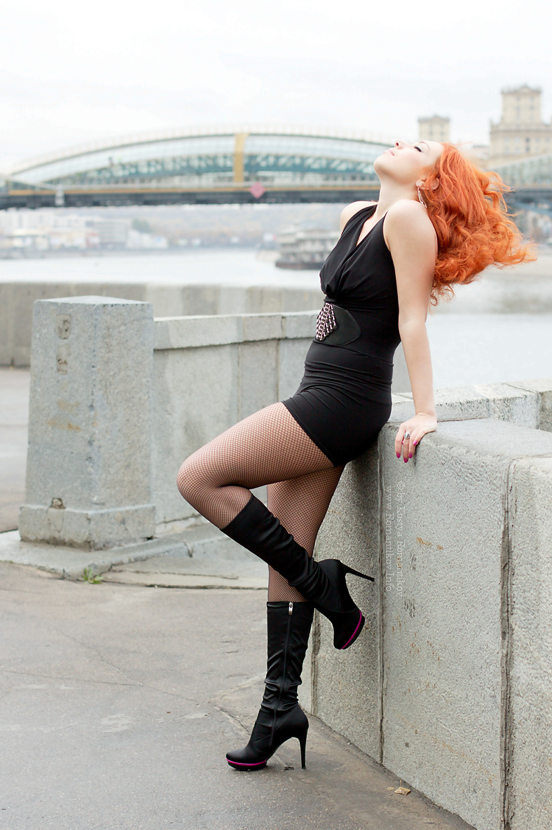 Toma, fishnet pantyhose, Moscow river embankment